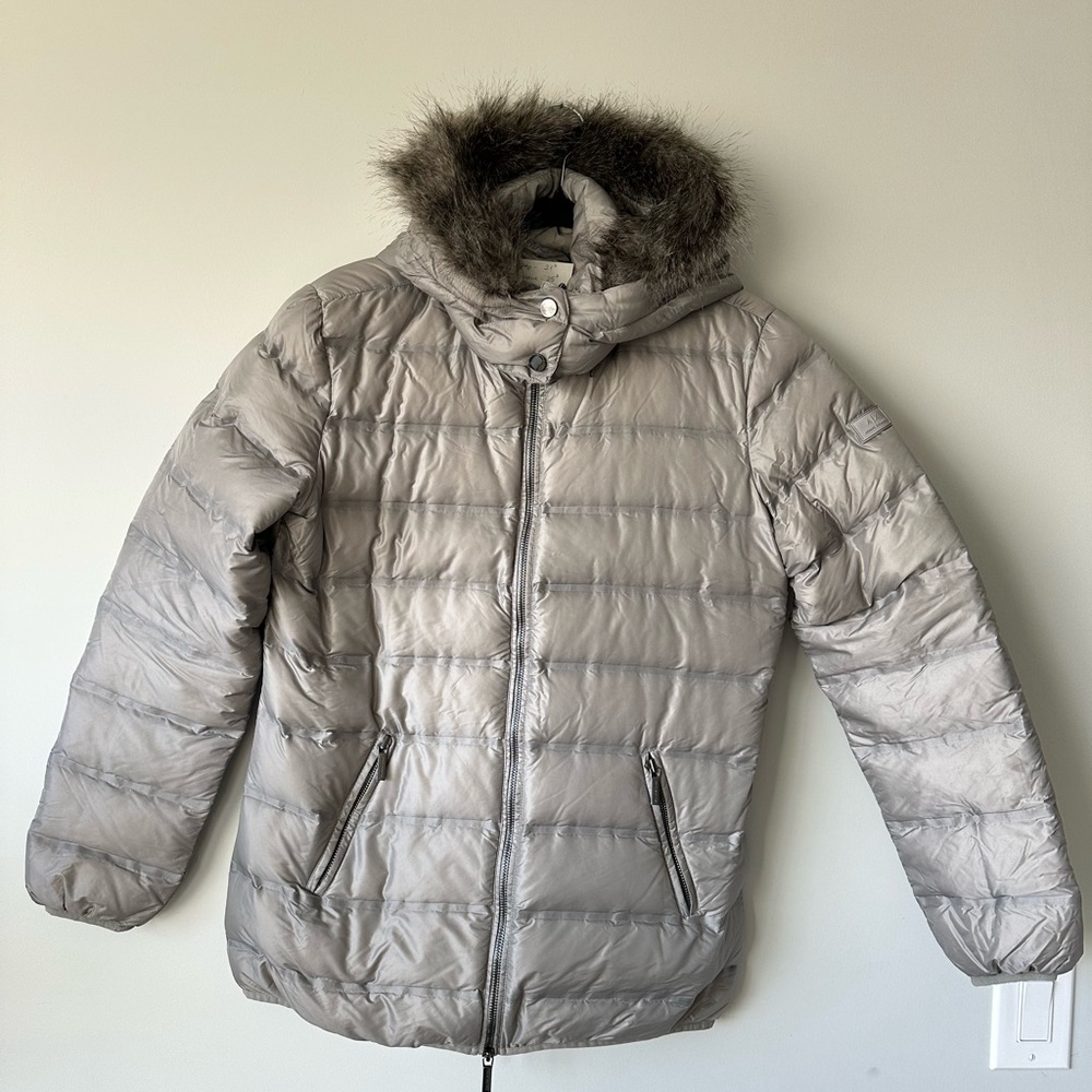 ARMANI EXCHANGE Gray Puffer Jacket with Faux Fur Hood